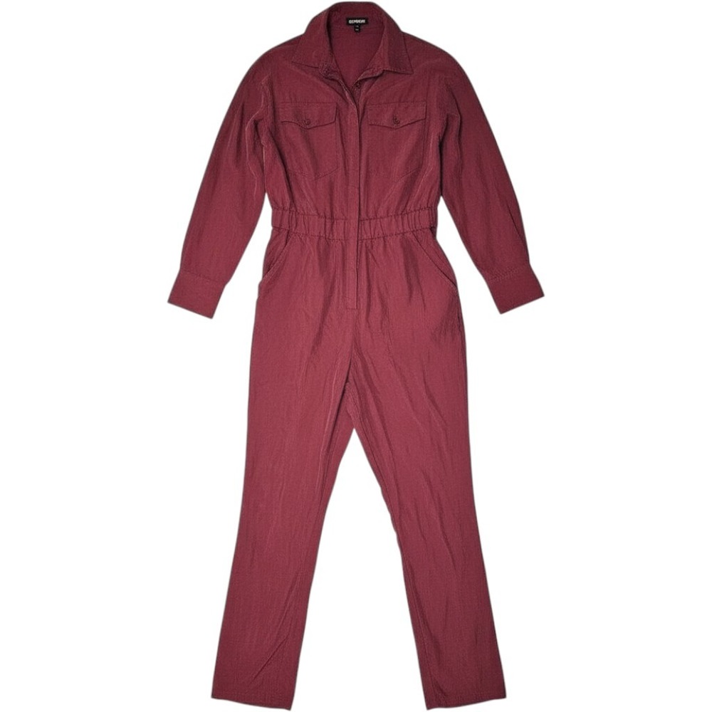 Express Womens XS Burgundy Long Sleeve Utility Jumpsuit Elastic Waist Wine Red